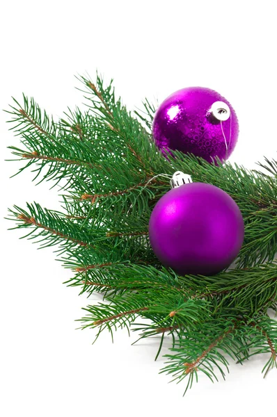 Christmas ball and green spruce branch, isolated white background — Stock Photo, Image