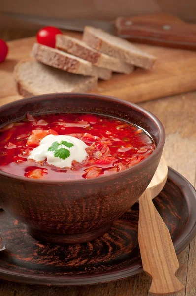 Ukrainian and russian national red soup borsch closeup — Stock Photo, Image