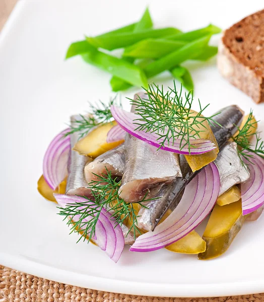 Салат из сельди с маринованными огурцами и луком — стоковое фото