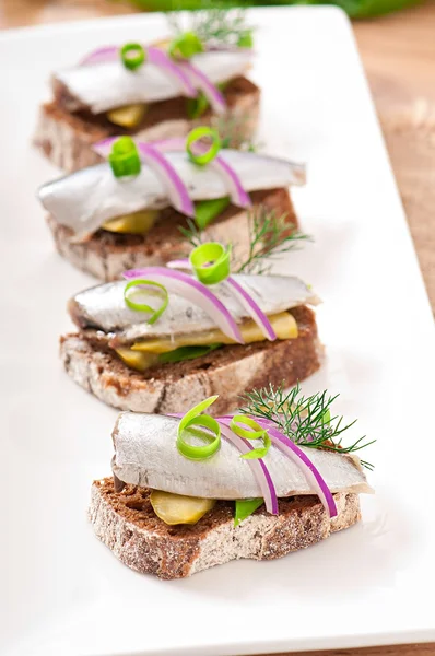 Ringa balığı, soğan ve otlar ile çavdar ekmeği sandviç. — Stok fotoğraf