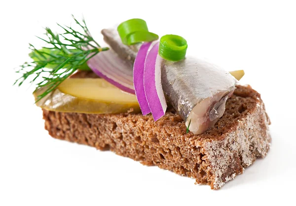 Smørbrød av rugbrød med sild, løk og urter . – stockfoto