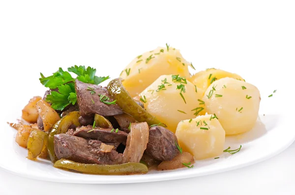 Fried chicken liver with apples, sweet pepper and onions — Stock Photo, Image