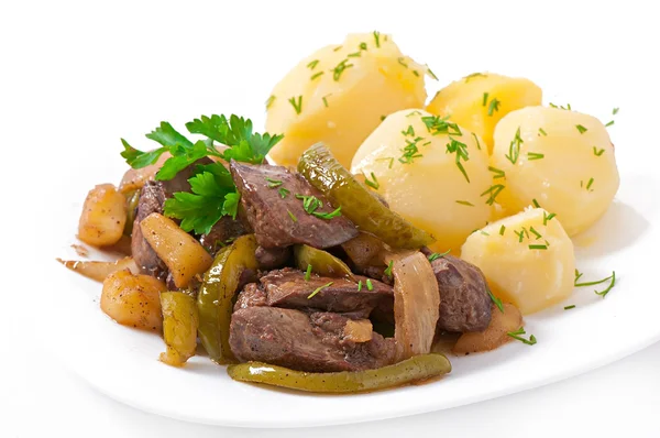 Fried chicken liver with apples, sweet pepper and onions — Stock Photo, Image