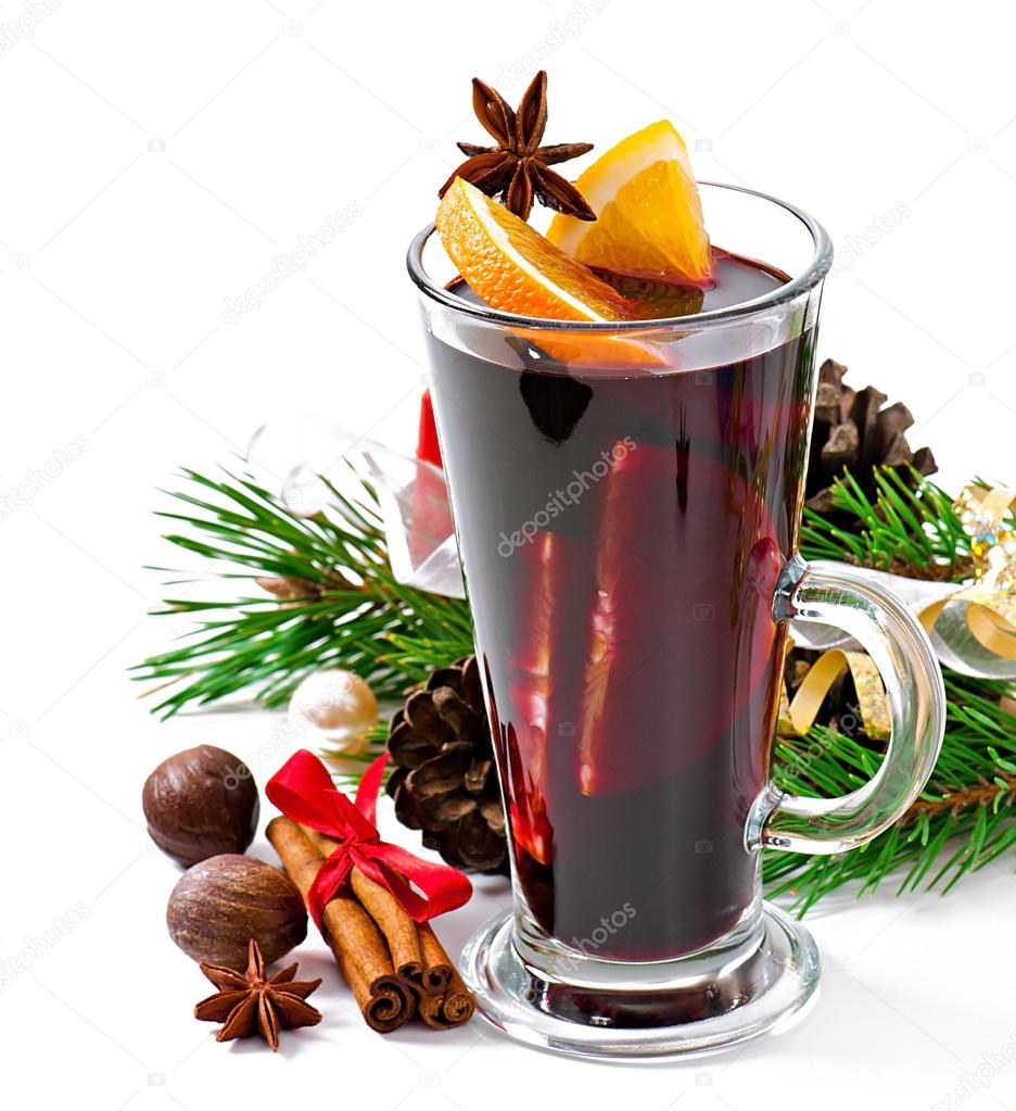 Christmas mulled wine in glass cup isolated on white background