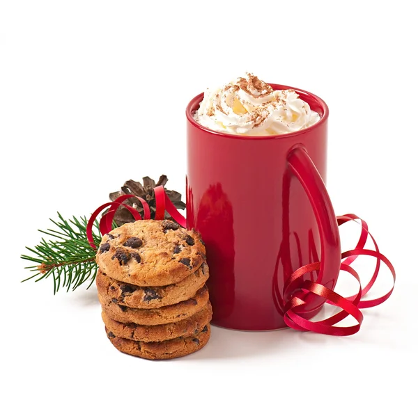 Christmas card with red coffee cup topped with whipped cream on white background — Stock Photo, Image