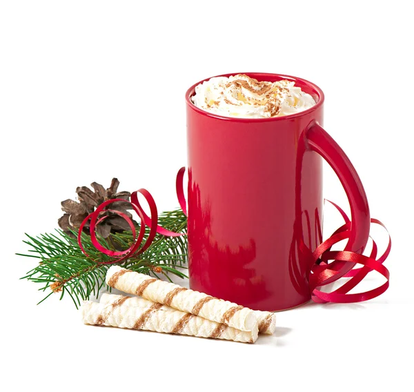 Christmas card with red coffee cup topped with whipped cream on white background — Stock Photo, Image