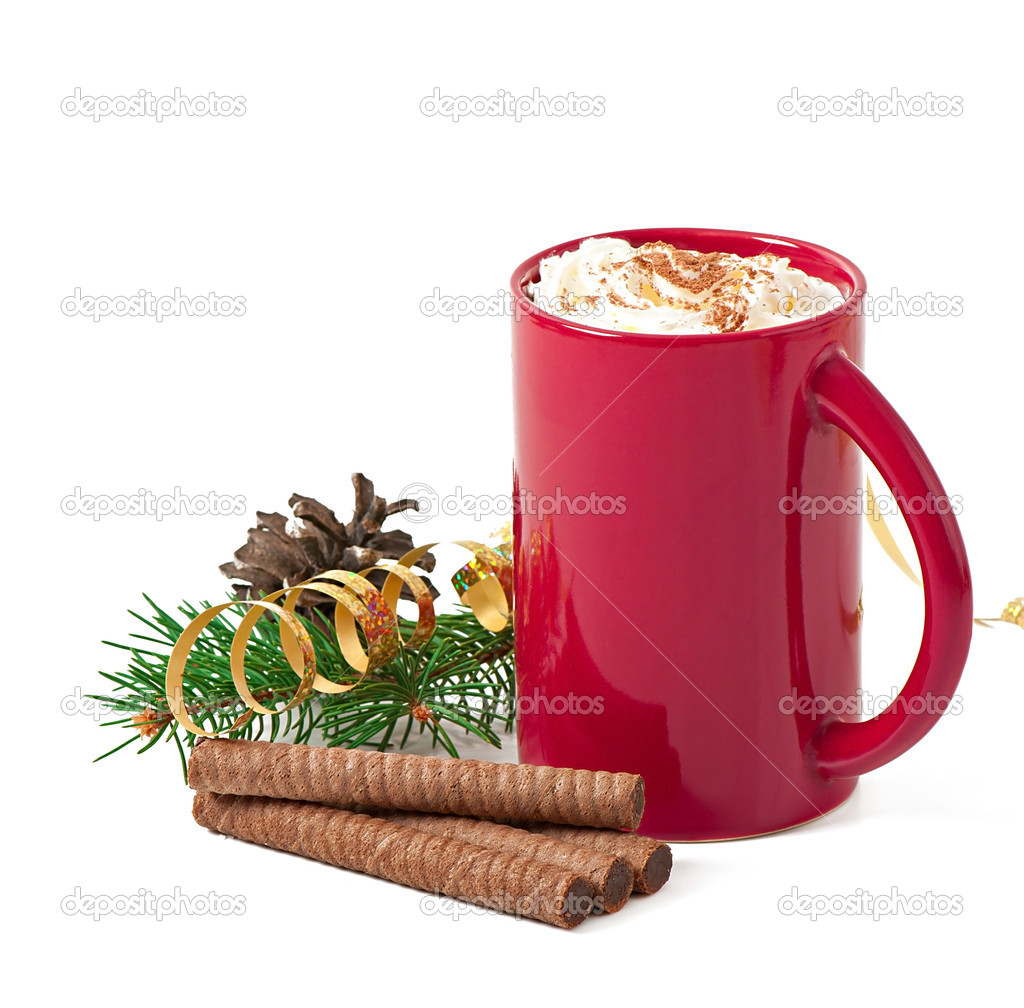 Download Christmas Card With Red Coffee Cup Topped With Whipped Cream On White Background Stock Photo Image By C Timolina 34898499