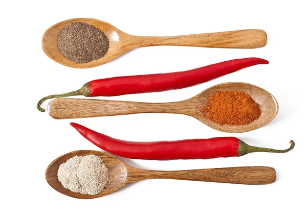Varie spezie calde in cucchiai di legno — Foto Stock