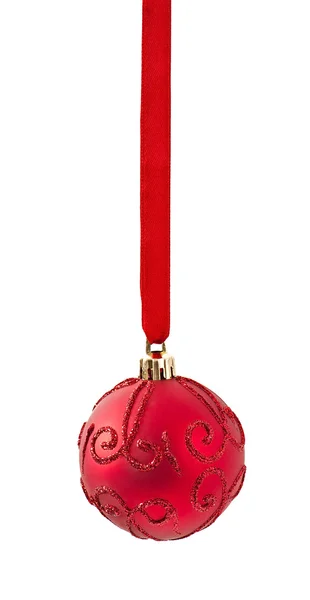 Close up of christmas red ball hanging on white background — Stock Photo, Image