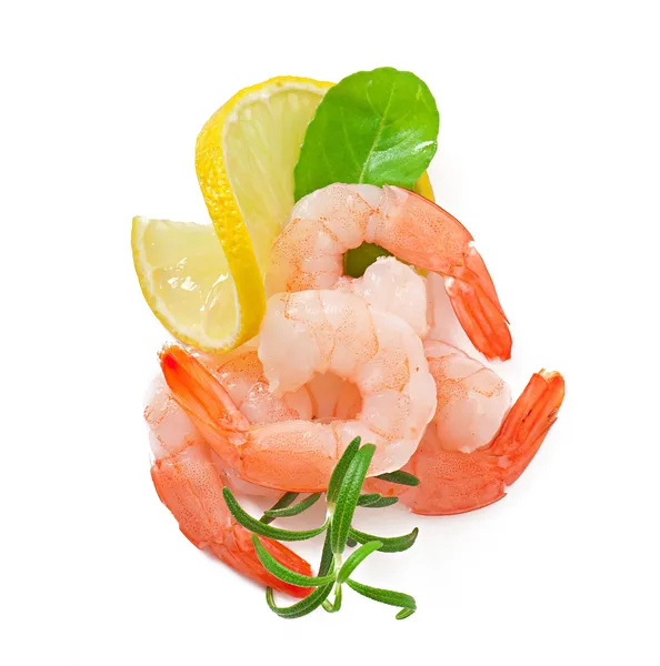 Tail of shrimp with fresh lemon and rosemary on the white — Stock Photo, Image