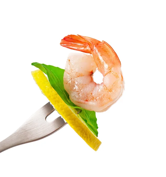 Shrimp on fork isolated on white — Stock Photo, Image