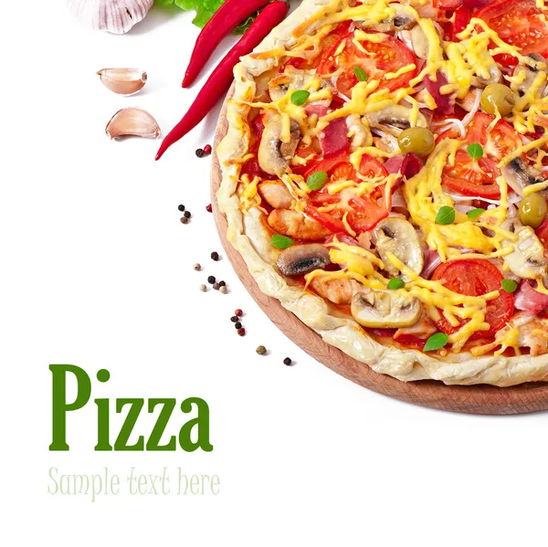 Appetizing pizza with ham and mushrooms isolated on white — Stock Photo, Image