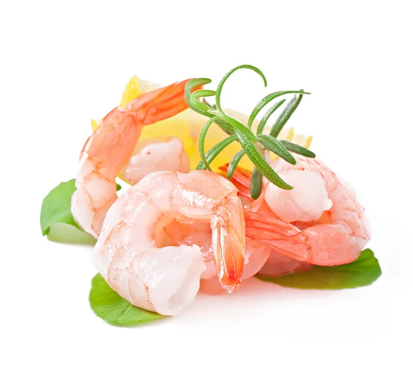 Tail of shrimp with fresh lemon and rosemary on the white — Stock Photo, Image