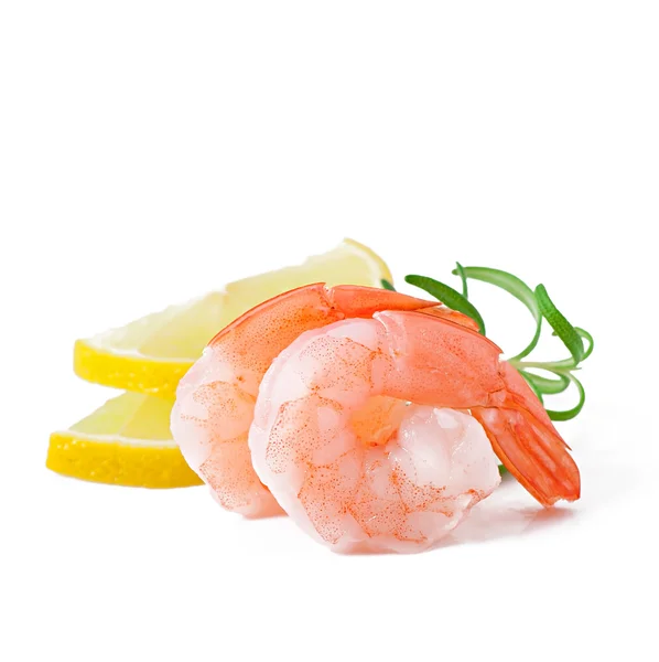 Tail of shrimp with fresh lemon and rosemary on the white — Stock Photo, Image