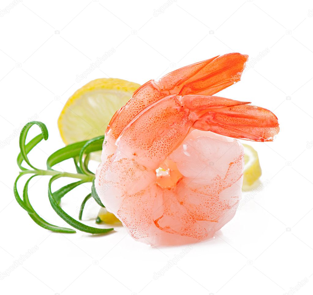 Tail of shrimp with fresh lemon and rosemary on the white