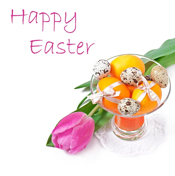 Happy Easter - flowers and colourful eggs — Stock Photo, Image