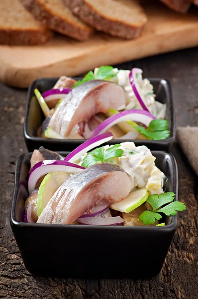 Haring salade met ui en groene appel — Stockfoto