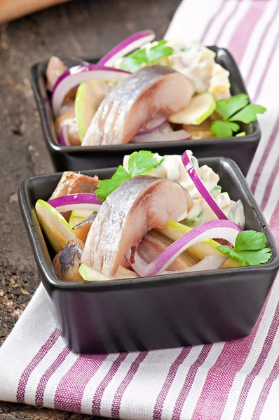 Soğan ve yeşil elma ile ringa balığı salatası — Stok fotoğraf