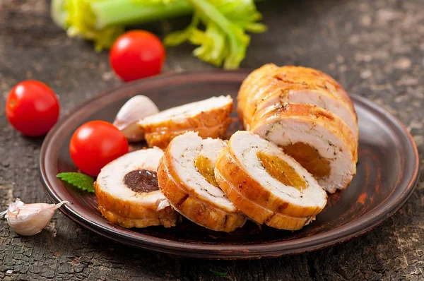 Chicken roll with prunes and dried apricots — Stock Photo, Image