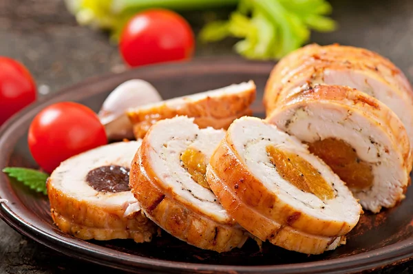 Chicken roll with prunes and dried apricots — Stock Photo, Image