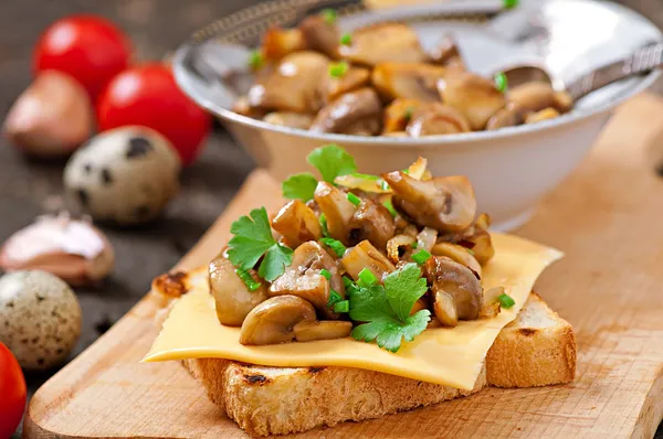 Toast smörgås med champinjoner, ost och persilja, selektiv inriktning — Stockfoto