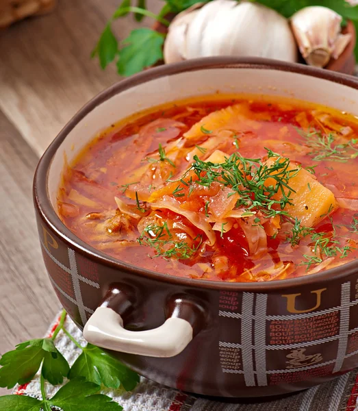 Ukrainian and russian national red soup borsch closeup — Stock Photo, Image