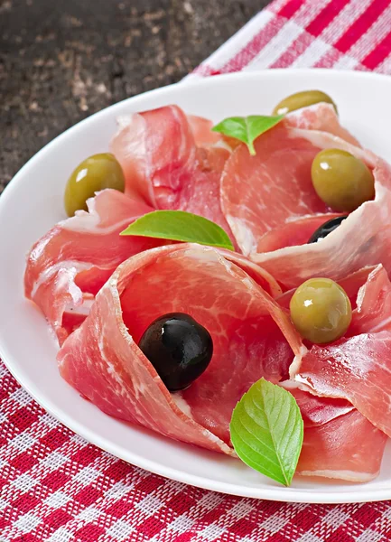 Ham, olives, basil — Stock Photo, Image