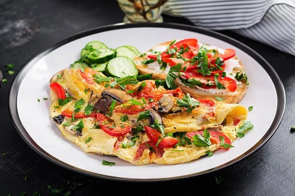 Omelette Mushrooms Paprika Tomatoes Sandwich Cream Cheese White Plate Frittata — Stock Photo, Image