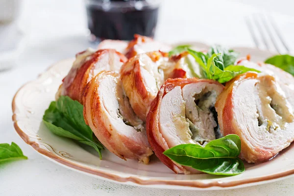 Baked Chicken Rolls Basil Cheese Plate Healthy Lunch Keto Diet — Stock Photo, Image