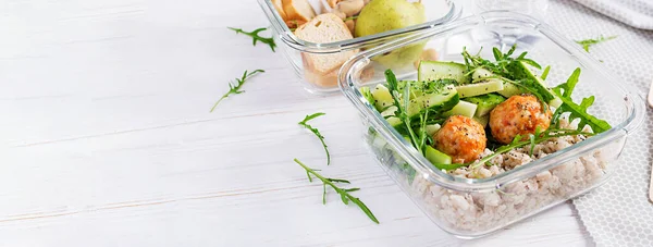 Lunch Box Filled Oatmeal Cucumber Salad Nuts Bread Pear White — Stock Photo, Image