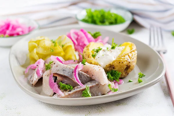 Sill Med Bakad Potatis Lök Och Inlagd Gurka Tallriken Traditionellt — Stockfoto