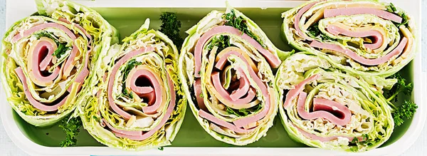 Healthy Lunch Box Tortilla Wraps Ham Cheese Lettuce Top View — Stock Photo, Image