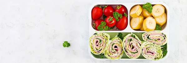 School Lunchbox Healthy Lunch Box Tortilla Wraps Tomatoes Banana Top — Stock Photo, Image