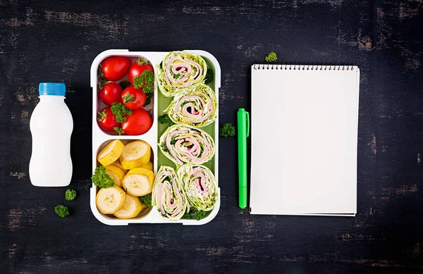 School Lunchbox Healthy Lunch Box Tortilla Wraps Tomatoes Banana Yogurt — Stock Photo, Image