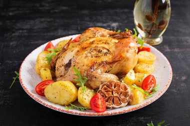 Beyaz tabakta patates ve fırında tavuk. Koyu arkaplan.