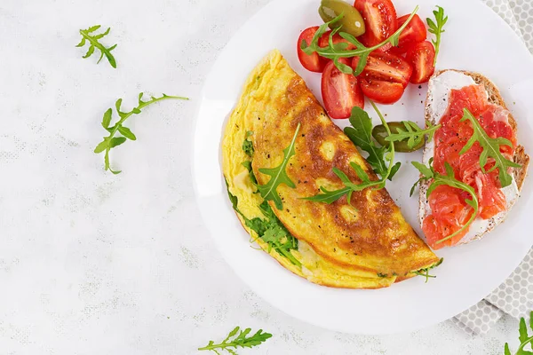 Breakfast Omelette Cheese Green Arugula Sandwich Salmon White Plate Frittata — Stock Photo, Image