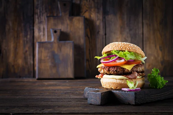 Hamburger Bacon Turkey Burger Meat Cheese Tomato Lettuce Wooden Background — Stock Fotó