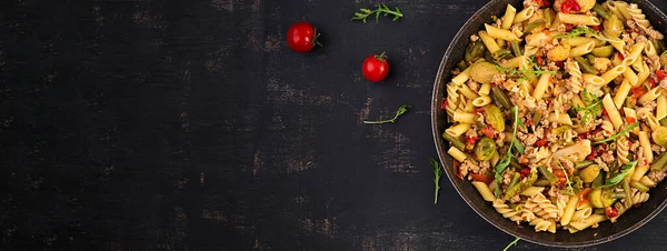 Італійські Макарони Фусільї Ясом Овочами Обід Верхній Вид Банер — стокове фото