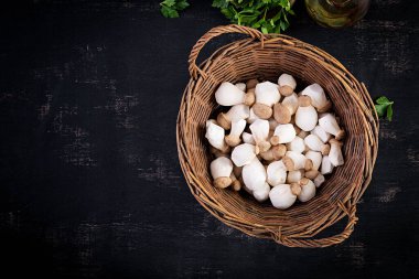 Çiğ kral istiridye mantarı Pleurotus eryngii sepetin içinde koyu bir arka planda. Üst görünüm, yukarıda