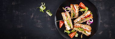 Tavuk göğsü, peynir, domates, salatalık ve otlu kulüp sandviçi. Üst görünüm, afiş