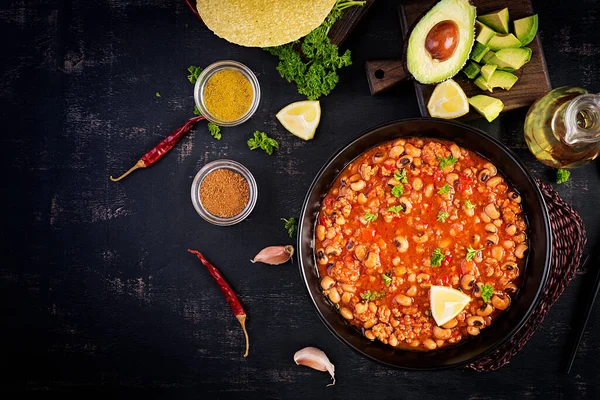 Chili Con Carne Tazón Sobre Fondo Oscuro Cocina Mexicana Vista — Foto de Stock