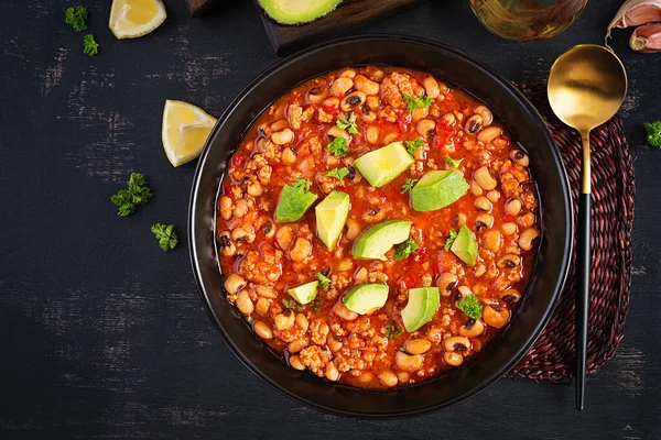 Chili Con Carne Tigela Fundo Escuro Cozinha Mexicana Vista Superior — Fotografia de Stock