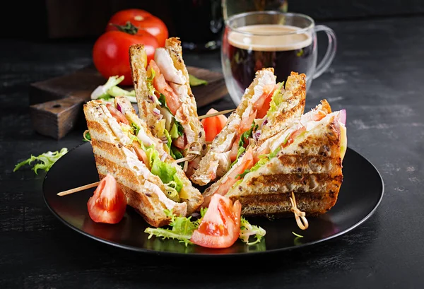 Club Sandwich Chicken Breast Cheese Tomato Cucumber Herbs — Stock Photo, Image