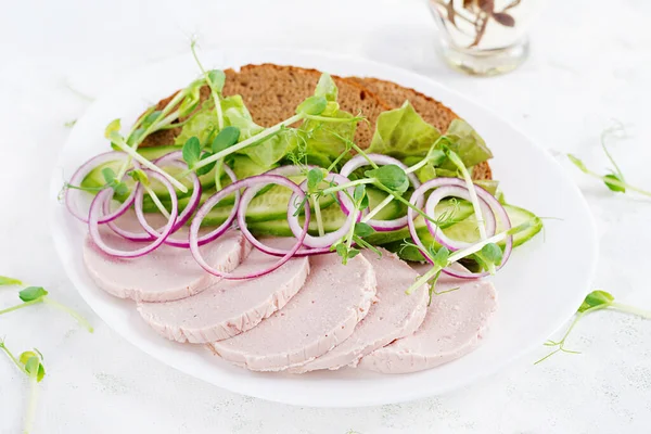 Sandwiches Homemade Chicken Sausage Lettuce Cucumber Plate — Stock Photo, Image