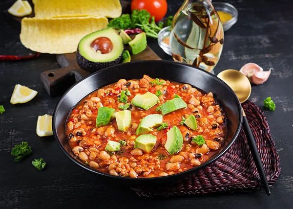 Chili Con Carne Tigela Fundo Escuro Cozinha Mexicana — Fotografia de Stock