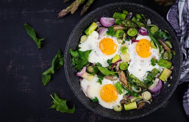 Kuşkonmaz, pırasa, ıspanak ve mantarlı sahanda yumurta. Yararlı bir kahvaltı. Üst görünüm, genel görünüm