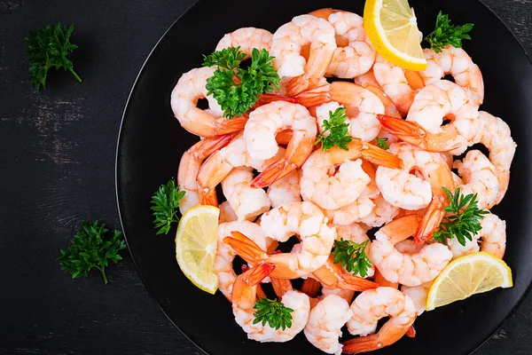 Shrimps Prawns Black Plate Boiled Shrimps Prawns Seafood Top View — Stockfoto
