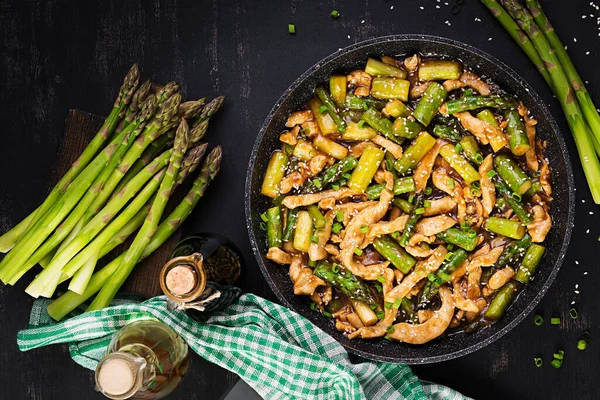 Stir fry with chicken and asparagus. Chicken stirfry.  Chinese food. Top view, above