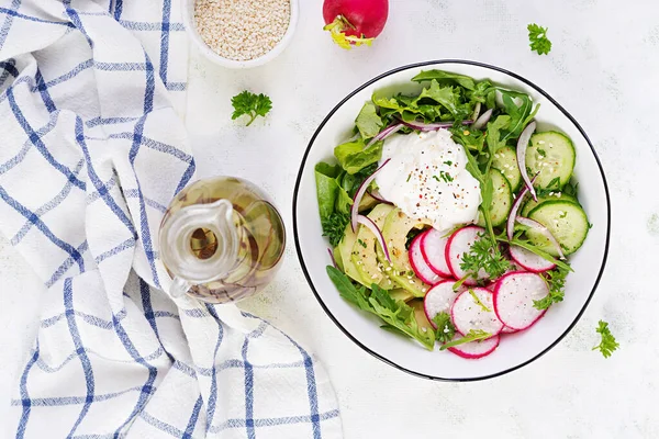 Vegetarian Vegetable Salad Radish Cucumbers Avocado Yogurt Healthy Vegan Food — 图库照片