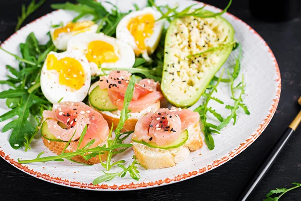 Sandwiches Salt Salmon Boiled Eggs Avocado Keto Ketogenic Diet Breakfast — Fotografie, imagine de stoc